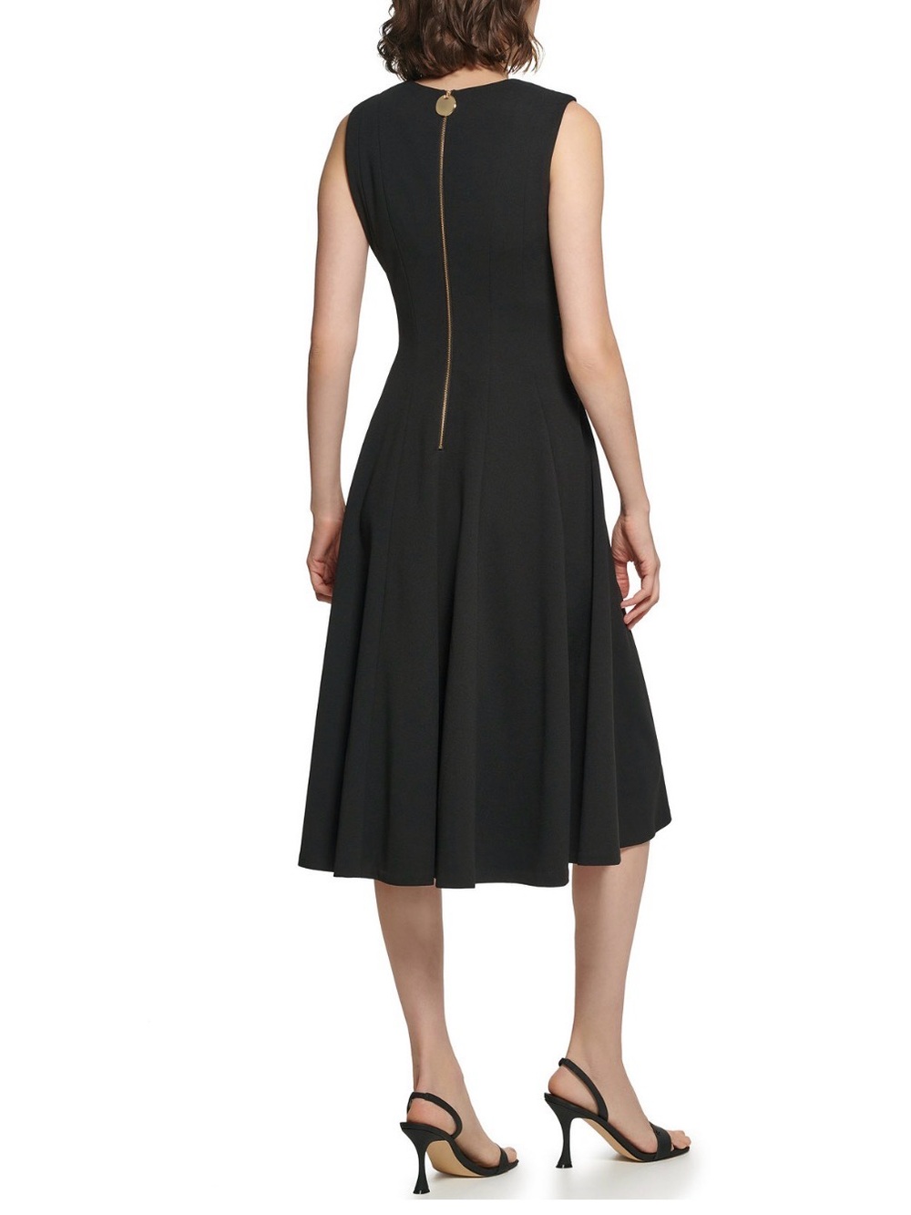 Calvin Klein Black Fit & Flare Sleeveless Dress Gold Zip Back Size 14 - Picture 11 of 12